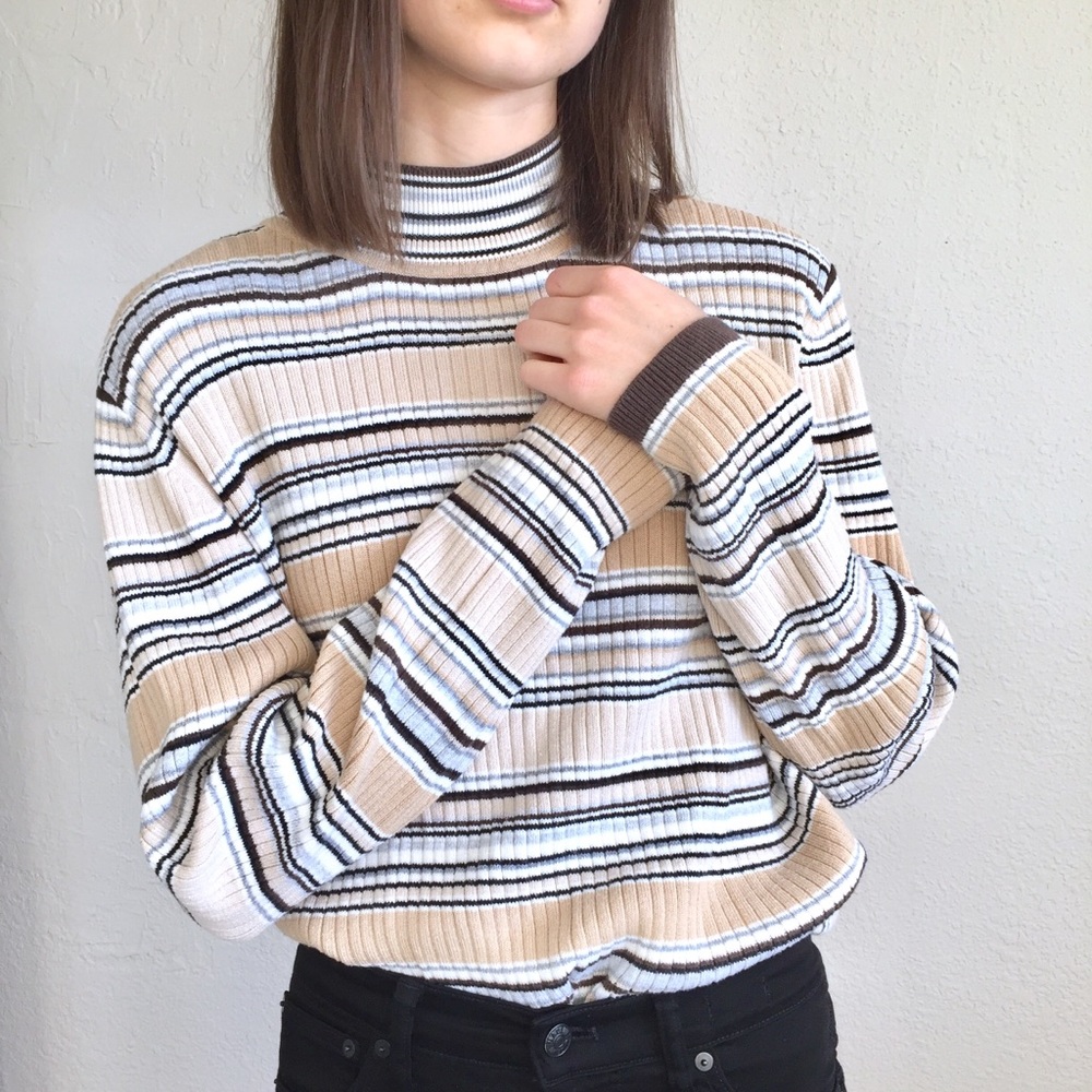 Neutral toned striped mock neck